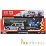 ТМ ТЕХНОПАРК. МАШИНА МЕТАЛЛ. MITSUBISHI PAJERO ПОЛИЦИЯ 12СМ ИНЕРЦ.+ МОТОЦИКЛ НА ПРИЦЕПЕ в кор.2*12шт | фото №0
