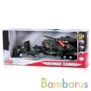 МАШИНА "ТЕХНОПАРК" МЕТАЛЛ. ТРЕЙЛЕР ВОЕННЫЙ С ИНЕРЦ. ТАНКОМ НА ПРИЦЕПЕ СВЕТ+ЗВУК В КОР. в кор.2*24шт | фото №0