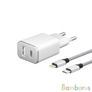 Сетевое зарядное устройство Deppa USB Type-C + USB A,PD 3.0, 18Вт, дата-кабель USB-C - Lightning (MFI) нейлон (Белый) | фото №0