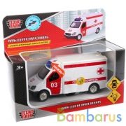 МАШИНА "ТЕХНОПАРК" МЕТАЛЛ. ИНЕРЦ. 12СМ, СВЕТ+ЗВУК, ОТКРЫВ. ДВЕРИ, В АССОРТ. В РУСС. КОР.в кор.2*36шт | фото №0