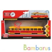 ТРАМВАЙ "ТЕХНОПАРК" МЕТАЛЛ. ИНЕРЦ. СВЕТ+ЗВУК, ОТКРЫВ. ДВЕРИ В РУСС. КОР. 18СМ в кор.2*24шт | фото №0