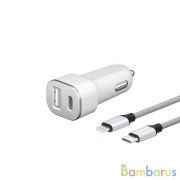 Автомобильное зарядное устройство Deppa USB Type-C + USB A, 18Вт, дата-кабель USB-C - Lightning (MFI) нейлон (Белый) | фото №0